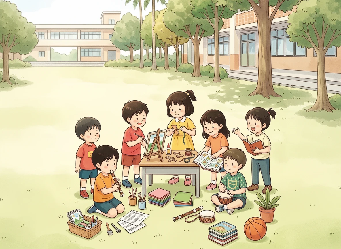 快樂國小學生參與藝文、音樂、體能與技藝活動的多元學習意象