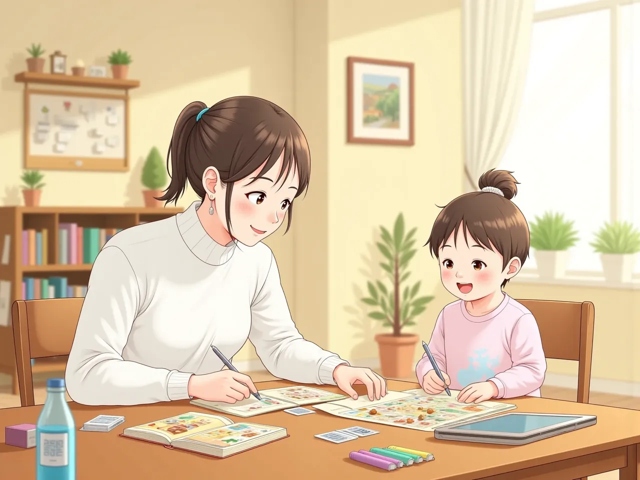 家長陪伴孩子運用繪本、圖卡與平板電腦進行家庭英語學習